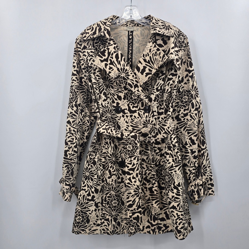 Vertigo Paris Jacket Women Black Cream Floral Abstract Print Belted Trench Coat